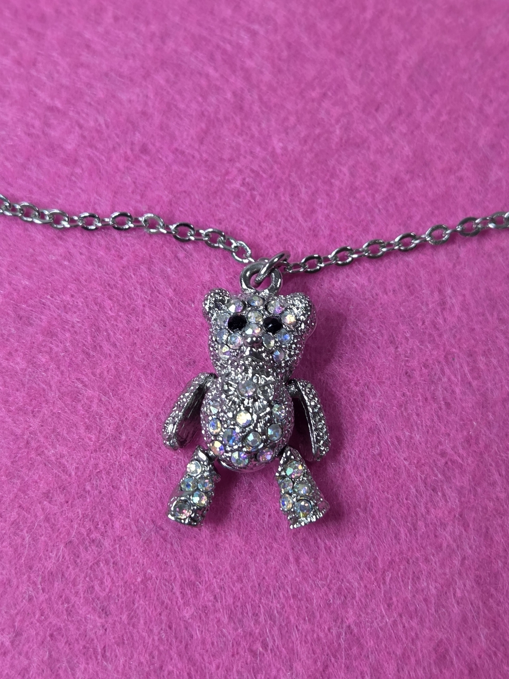 Articulated Rhinestone Teddy Bear Necklace – Silver Tone Pave Animal Pendant